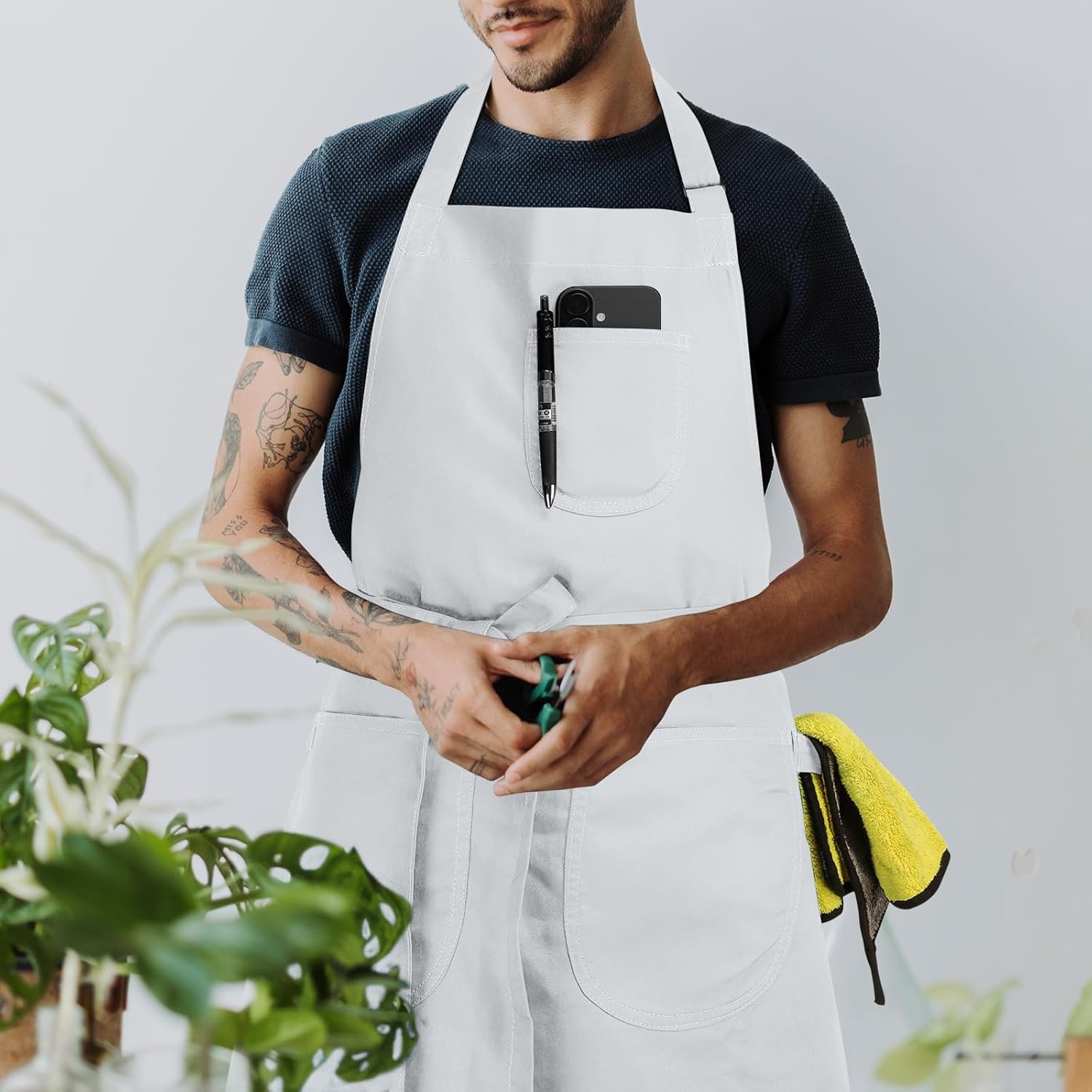 Unisex Apron with Pockets for Cooking, Salon & Art - 100% Cotton Adult Kitchen, Chef, Stylist Apron (White) - Image 9