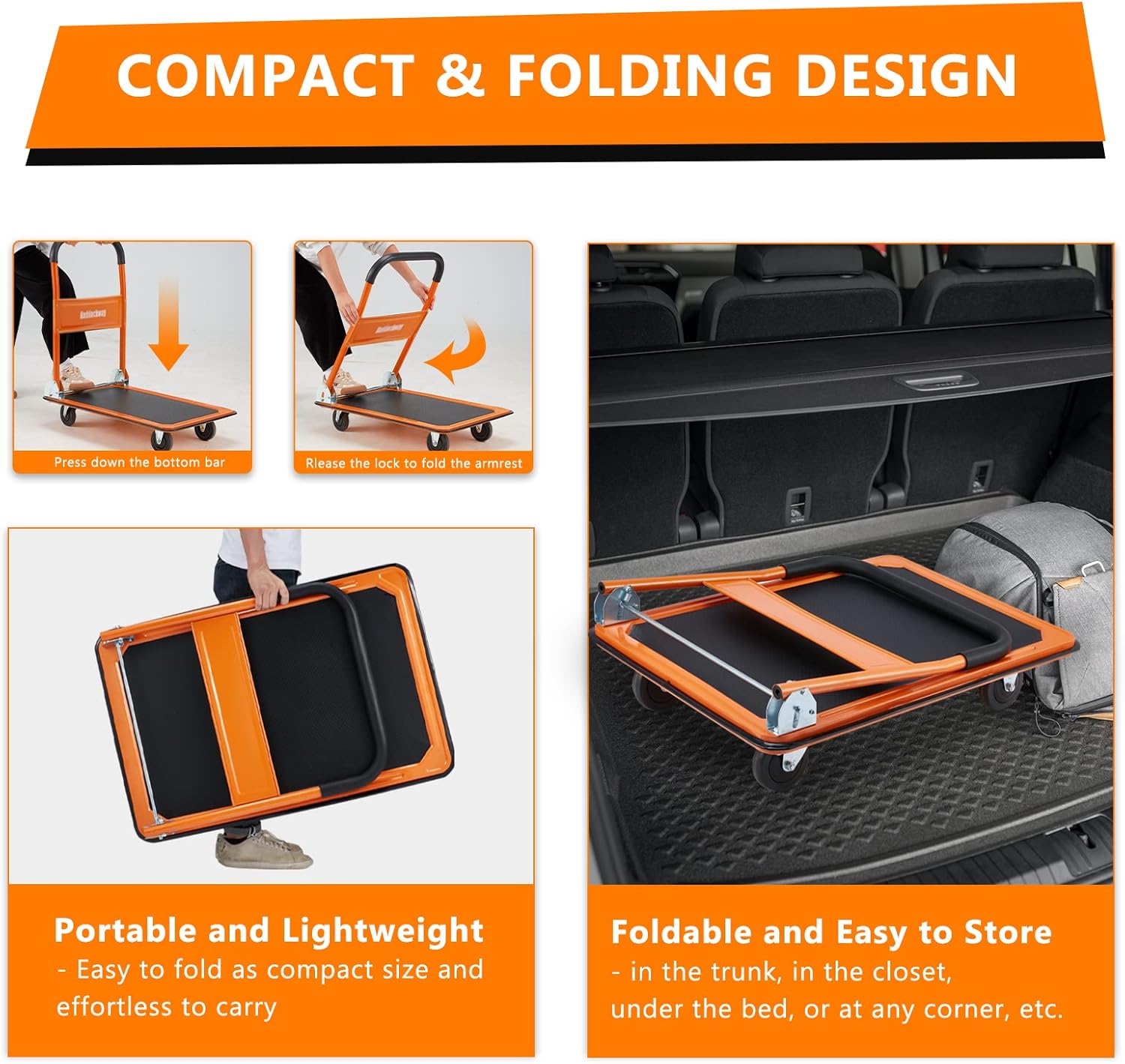 Haddockway Folding Push Cart Dolly Moving Platform Hand Truck with 360 Degree Swivel Wheels Portable Flatbed Cart with 660LBS Capacity for Garage Garden Home & Office Use Orange : Industrial & Scientific