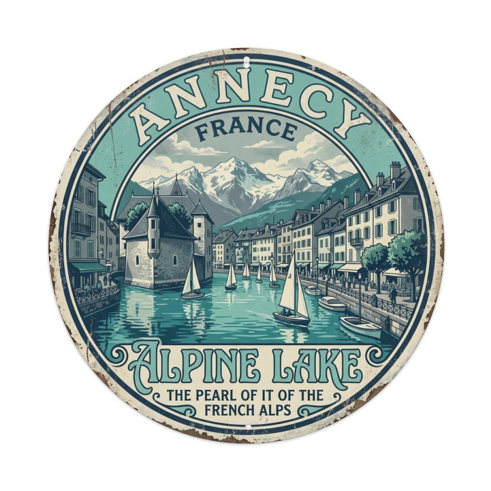 Vintage Travel Annecy Lakeside Alpine Metal Tin Sign Plaque Wall Decor for Cafe, Club, Garden Round Metal Poster 8x8Inch