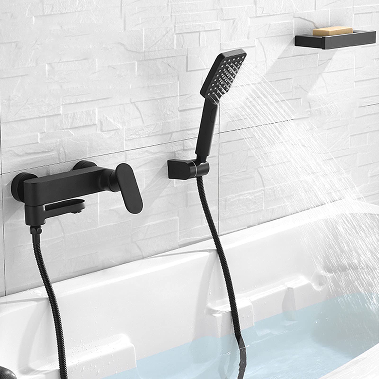 Grifo de bañera con Ducha de Mano, Grifo de bañera de Pared, caño Giratorio, Grifo Mezclador de Agua fría y Caliente, Juego de Grifo de Ducha Negro,