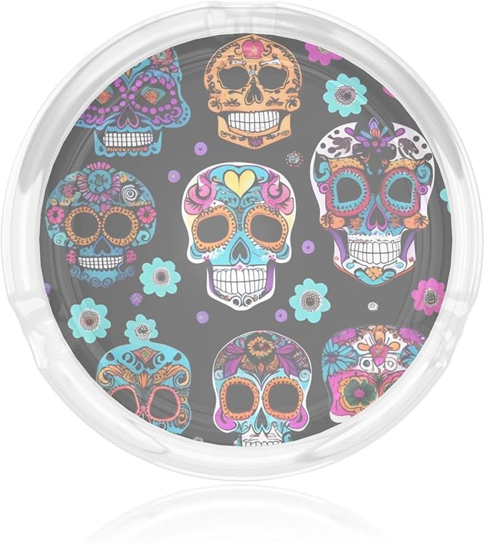 Sugar Skull Print 3.3in Clear Round Glass Ashtray Smoking Accessory for Home Office Pati Home Decor