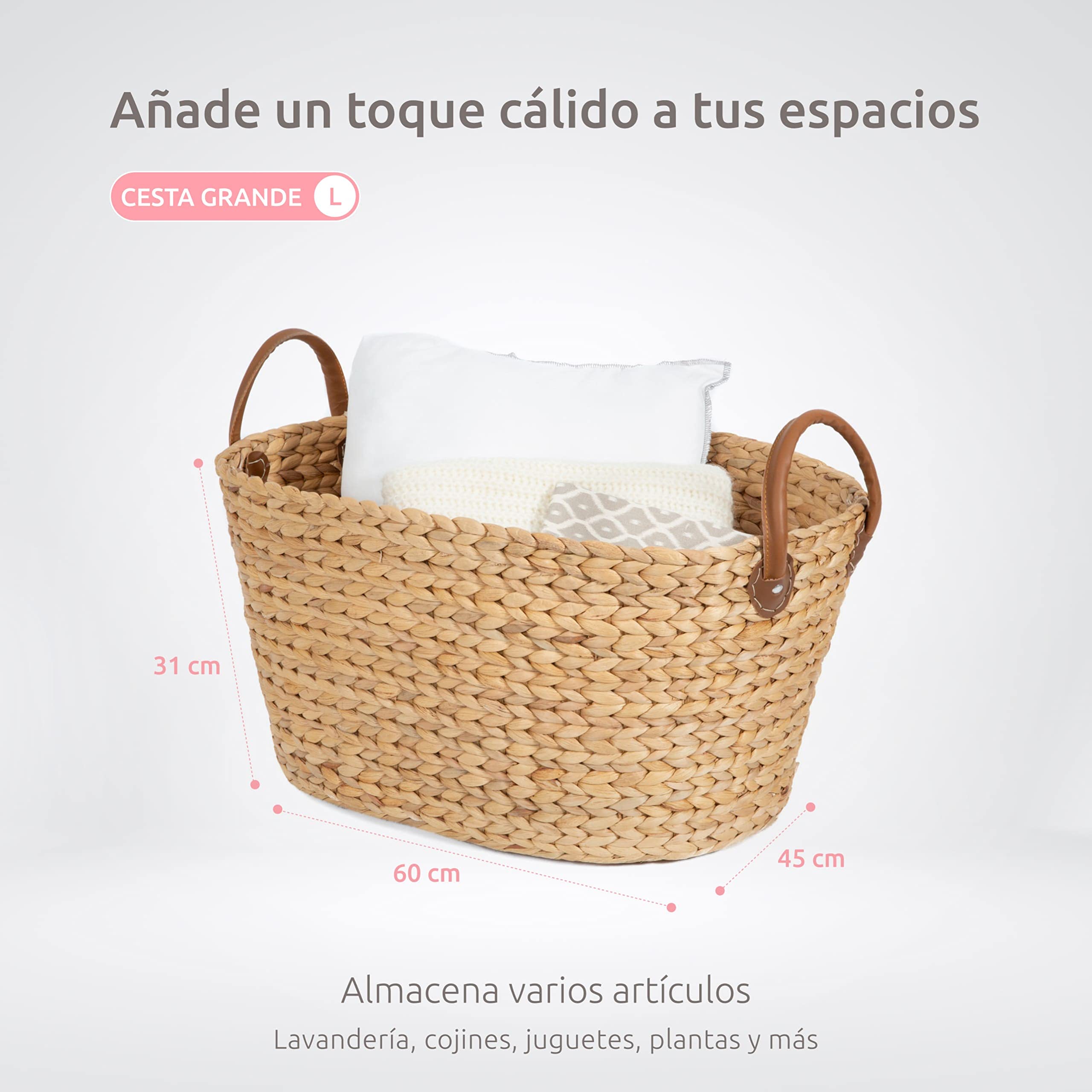 Cesta de almacenaje de Jacinto de agua trenzado a mano, Forma oval, Color: Madera clara, Dim. 60 x 45 x Al. 37 cm, RAN6826
