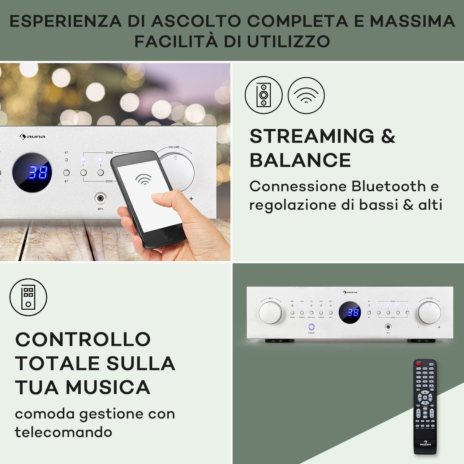 Auna Amplificatore Audio HiFi, Amplificatore HiFi, Amplificatore Bluetooth con Controllo Alti e Bassi, Amplificatore HiFi Stereo per Casse e Subwoofer 4 Canali, con Telecomando e Ingresso AUX