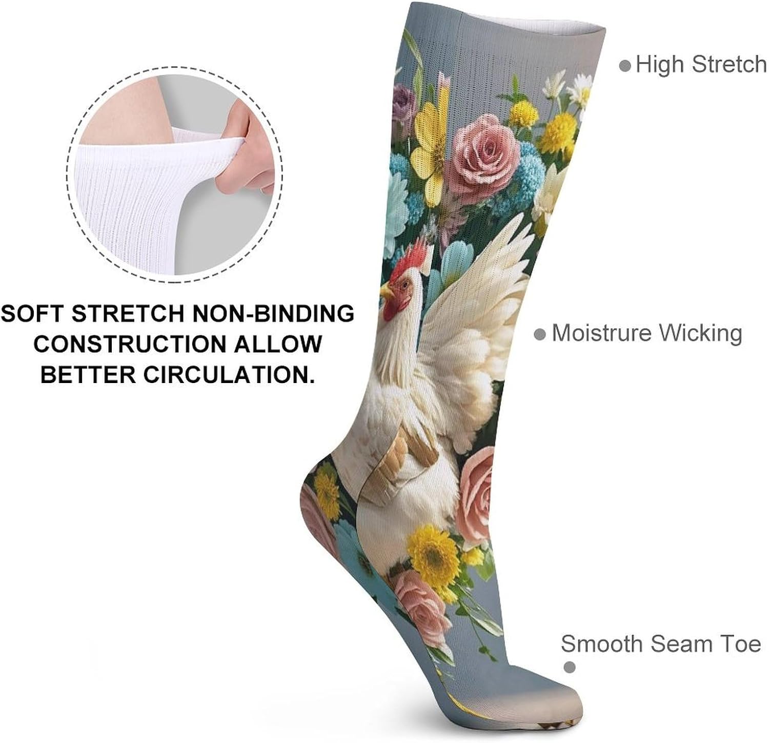 Flower Heart Chicken Crew Socks Cozy Casual Calf Socks Lightweight Long Work Sock Breathable Athletic Sock for Hiking Sports Running 5 Pairs