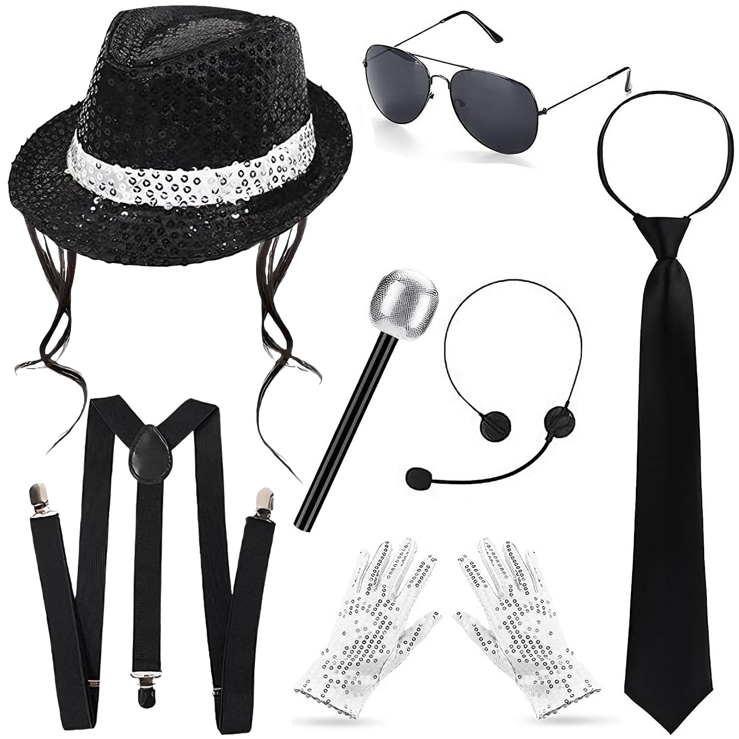 Spiritzohic MJ Costume Accessories Adults Disco Costume Set 80s Dancer Rocker Star Cosplay Fancy Dress Accessories with Jazz Sequin Hat Glove Tie King of Pop Fancy Dress Set for Carnival Dance Party