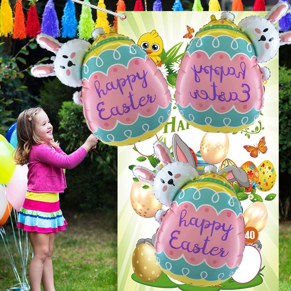 Bunny Eggs Balloons Easter Balloons Rabbit Egg Balloon for Easter Party Decorations Themed Party Bunny Birthday Party Decorations Decor Supplies Party Balloon Set 3pcs