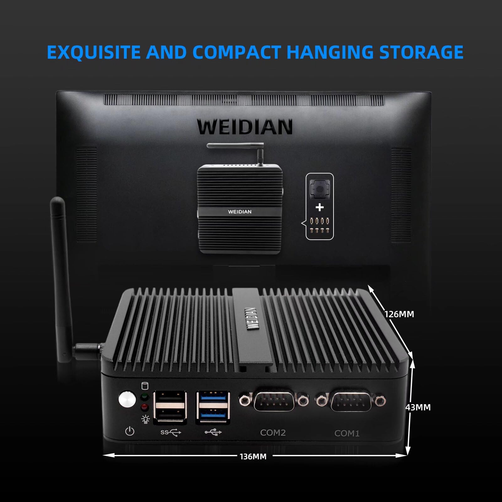 WEIDIAN PC Industriale Senza Ventola, N100 (fino a 3,4 GHz) Mini PC Fanless Industrial, 4K HD+VGA Dual Display Output, 2Gigabit Ethernet, 4USB, 2RS232 COM, WiFi, BT(32GB RAM 512GB SSD)