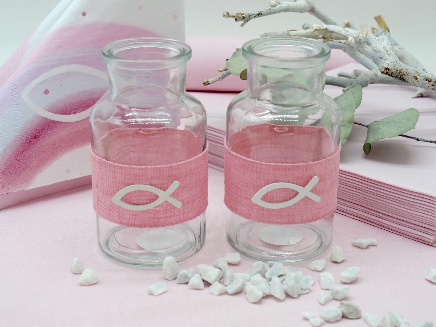 ZauberDeko Tischdeko Kommunion Konfirmation Taufe Pink Rosa Weiß Fisch Regenbogen Set 20 Personen
