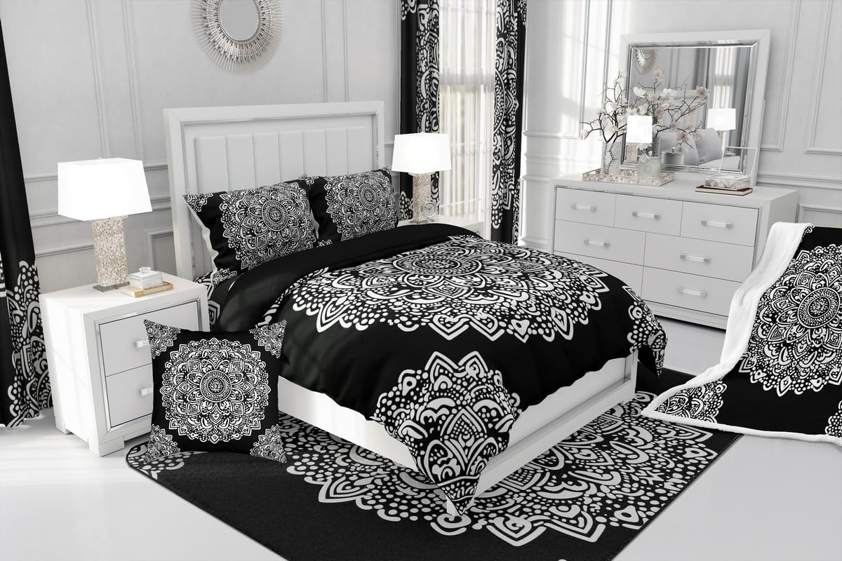 Erosebridal Mandala Bedding Set Bohemian Comforter Set Queen Size,Paisley Boho Floral Duvet Insert for Kids Child Woman Mexican Style Medallion Duvet Stuffing Exotic Nordic Bedroom Decor