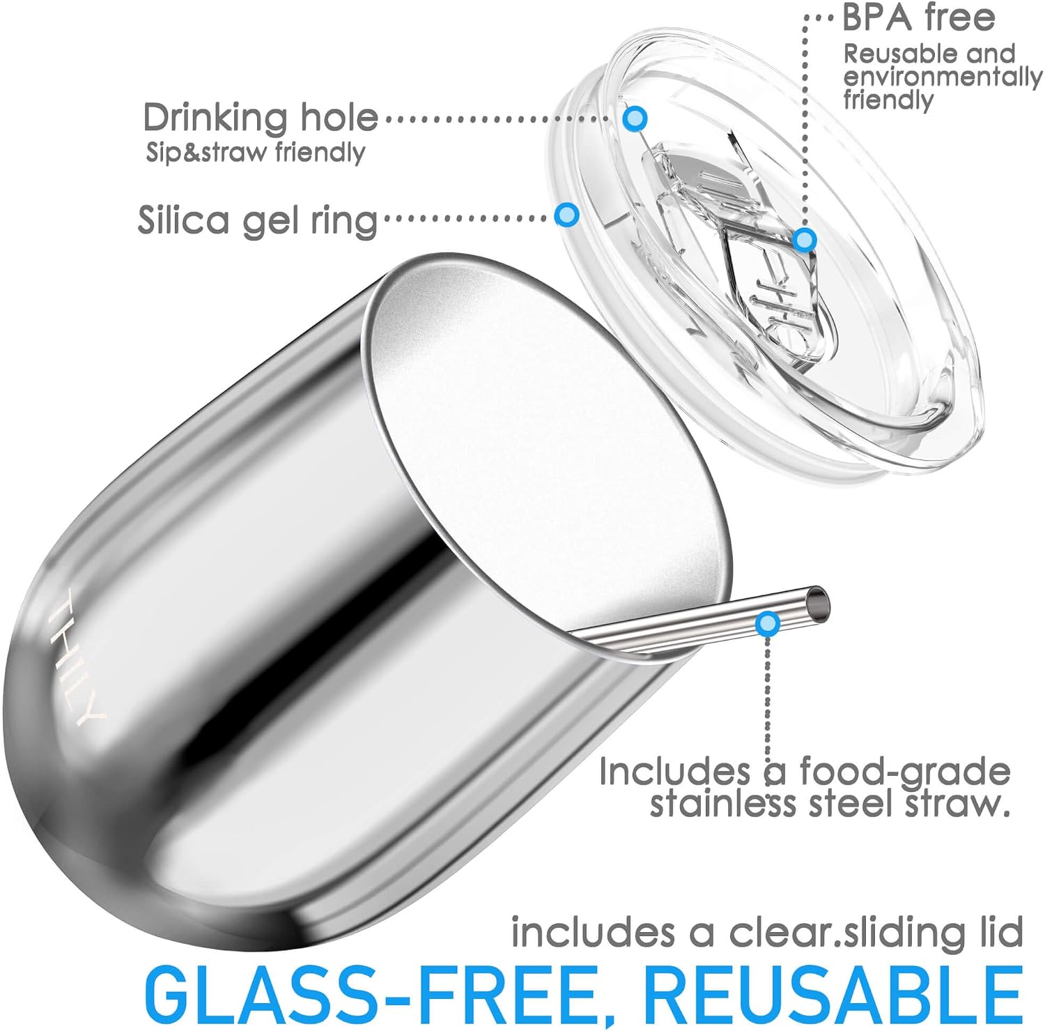 THILY Vacuum Insulated Stemless Wine Tumbler 4 Pack Stainless Steel Wine Glass with Lid and Straw, Keep Cold or Hot for Coffee, Cocktails, Christmas Birthday Gift, Mirror Silver image 3