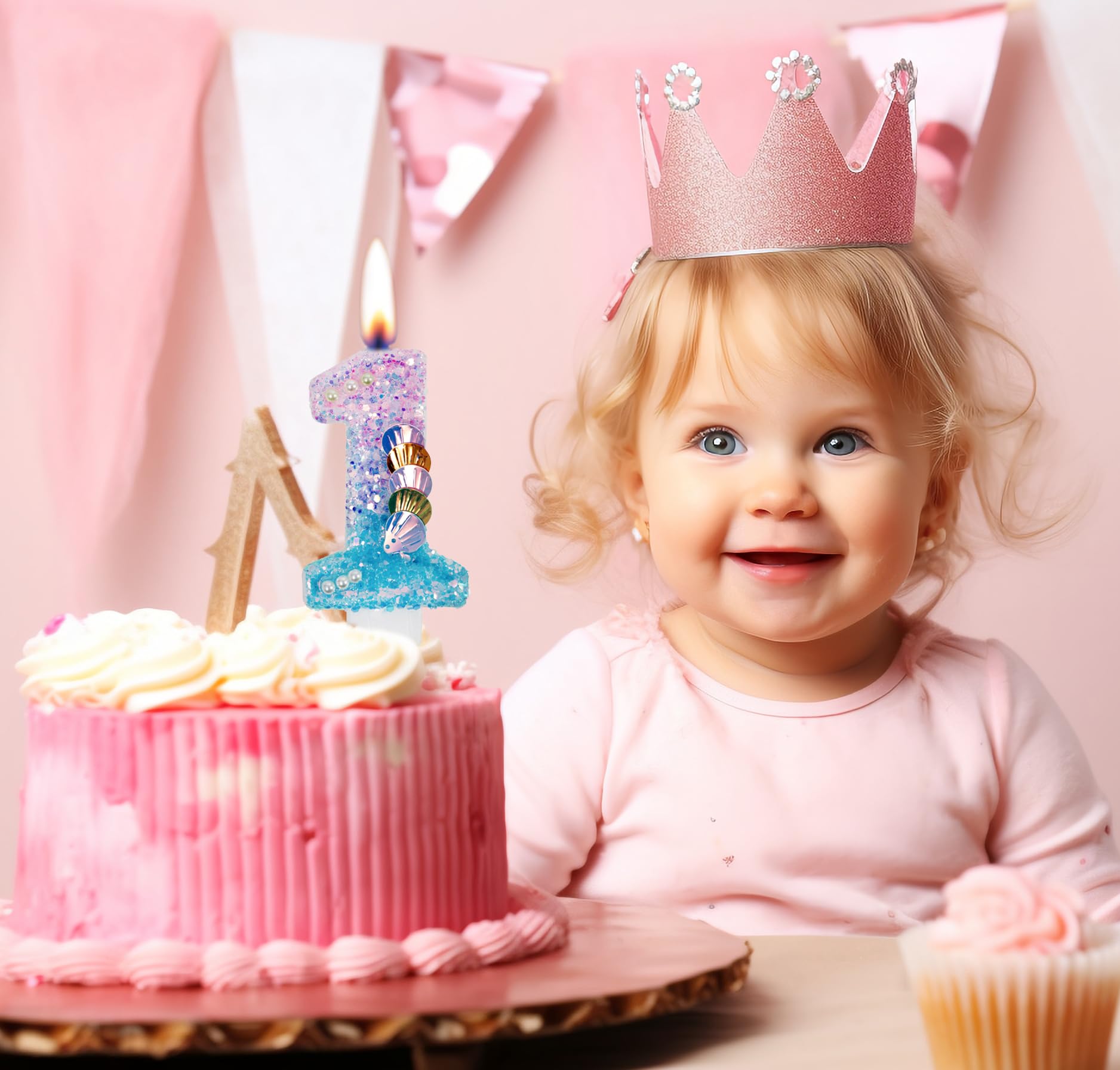 Vela de primer cumpleaños para niña – Sirena número 1 velas decoración de pastel para fiesta bajo el mar – Vela brillante con perlas y conchas – Variouslife