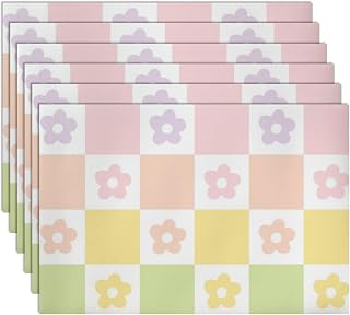 Dinner Table Placemats Leather Soft Pastel Grid Design 12 in X 18 in Dining Table Mat Pastel Checkered Floral Pattern Western Kitchen Decor Anti- Slip Placemat Party Placemats Memorial Day 6Pc Set