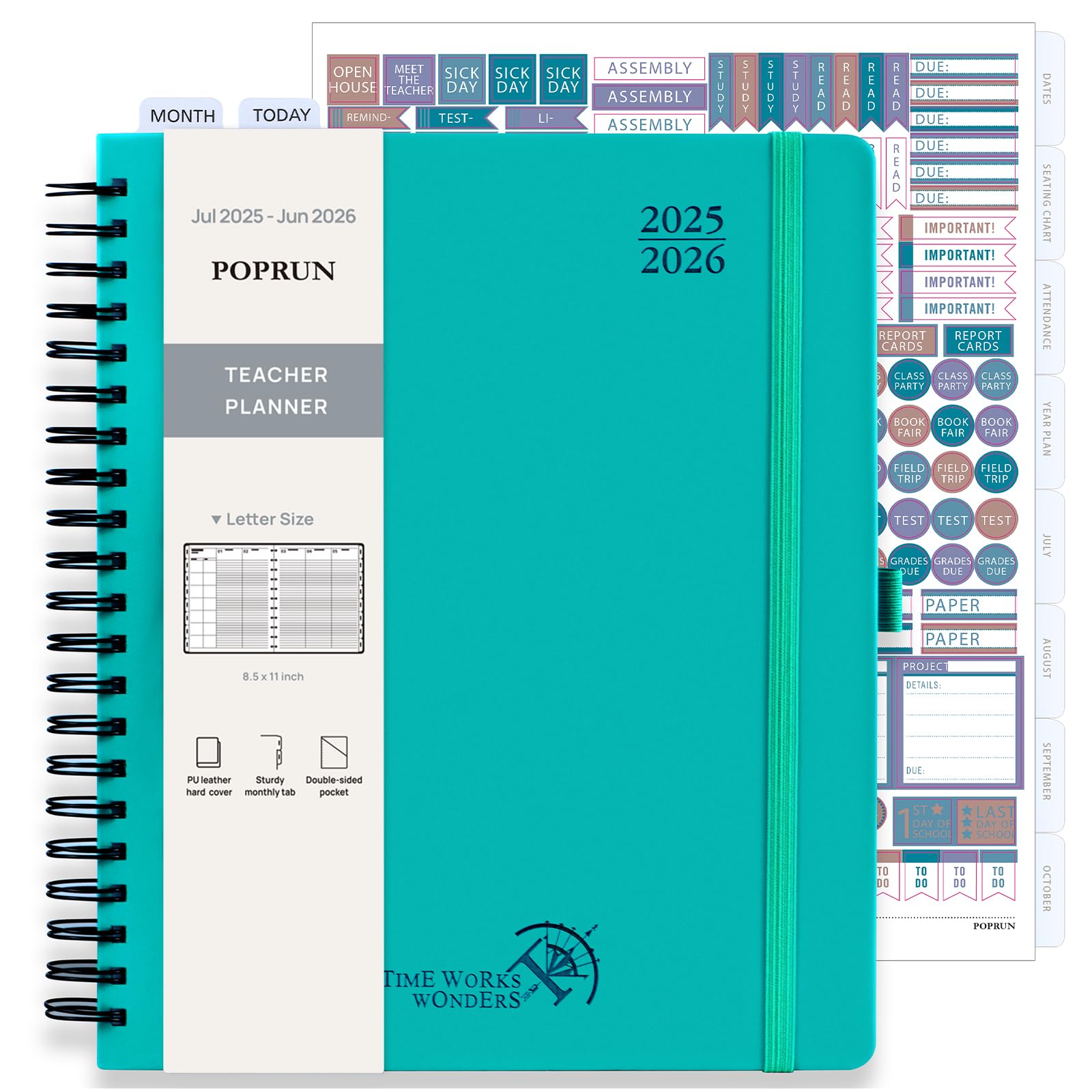 POPRUN Teacher Planner 2025-2026, (Letter Size - 8.5'' x 11'') Academic Lesson Planner (July 2025 - June 2026), with Monthly Tabs, Thick Papers, 2-Sided Pocket, Leather for Teachers, Turquoise Green