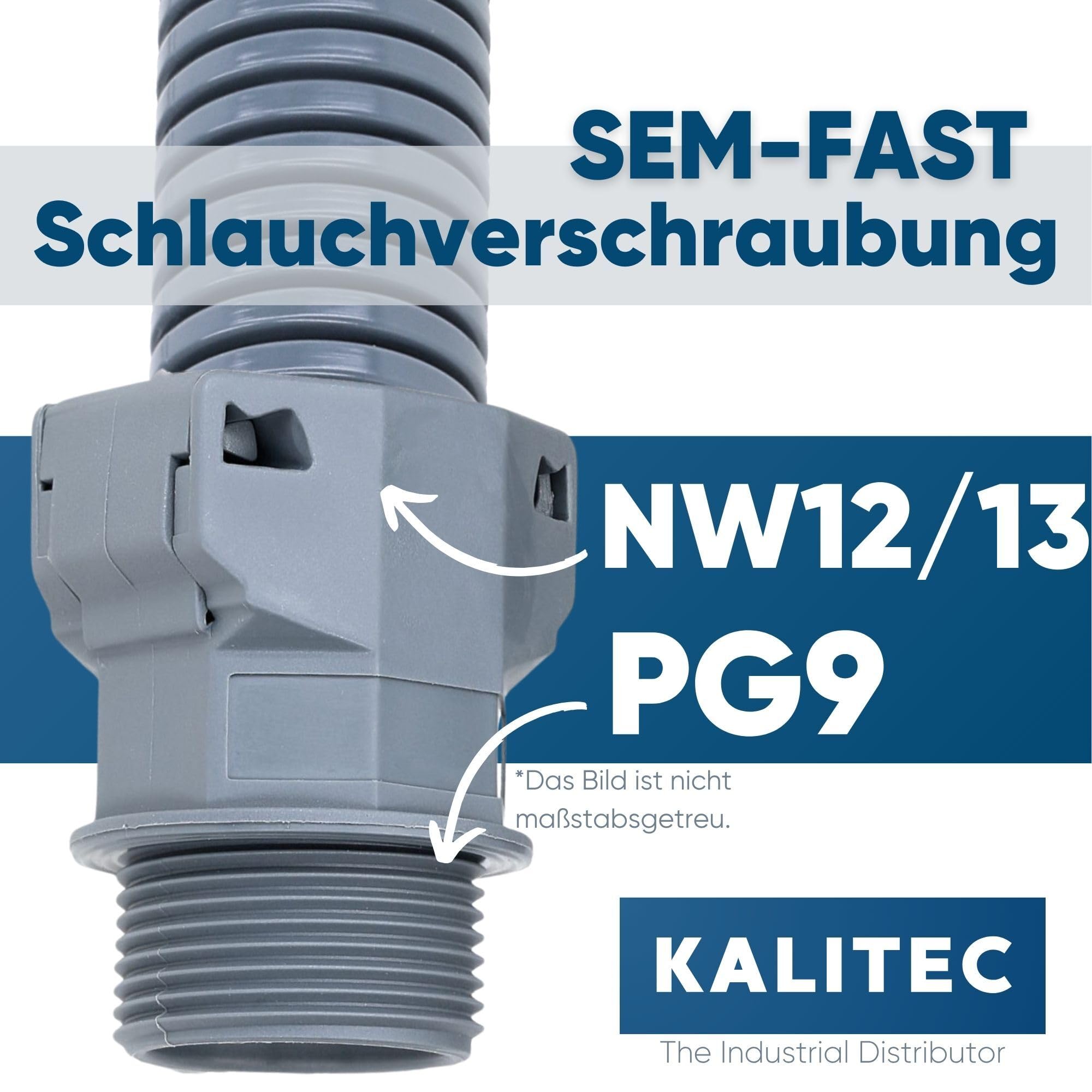 Kalitec 3805137-10x Racor Recto NW12/13 I para Manguera, Negro | Conector de Poliamida 6 con rosca exterior PG9, apto para tubo corrugado e instalaciones eléctricas según EN60423