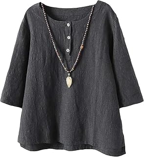Minibee Women's 3/4 Sleeve Cotton Linen Jacquard Blouses Top T-Shirt