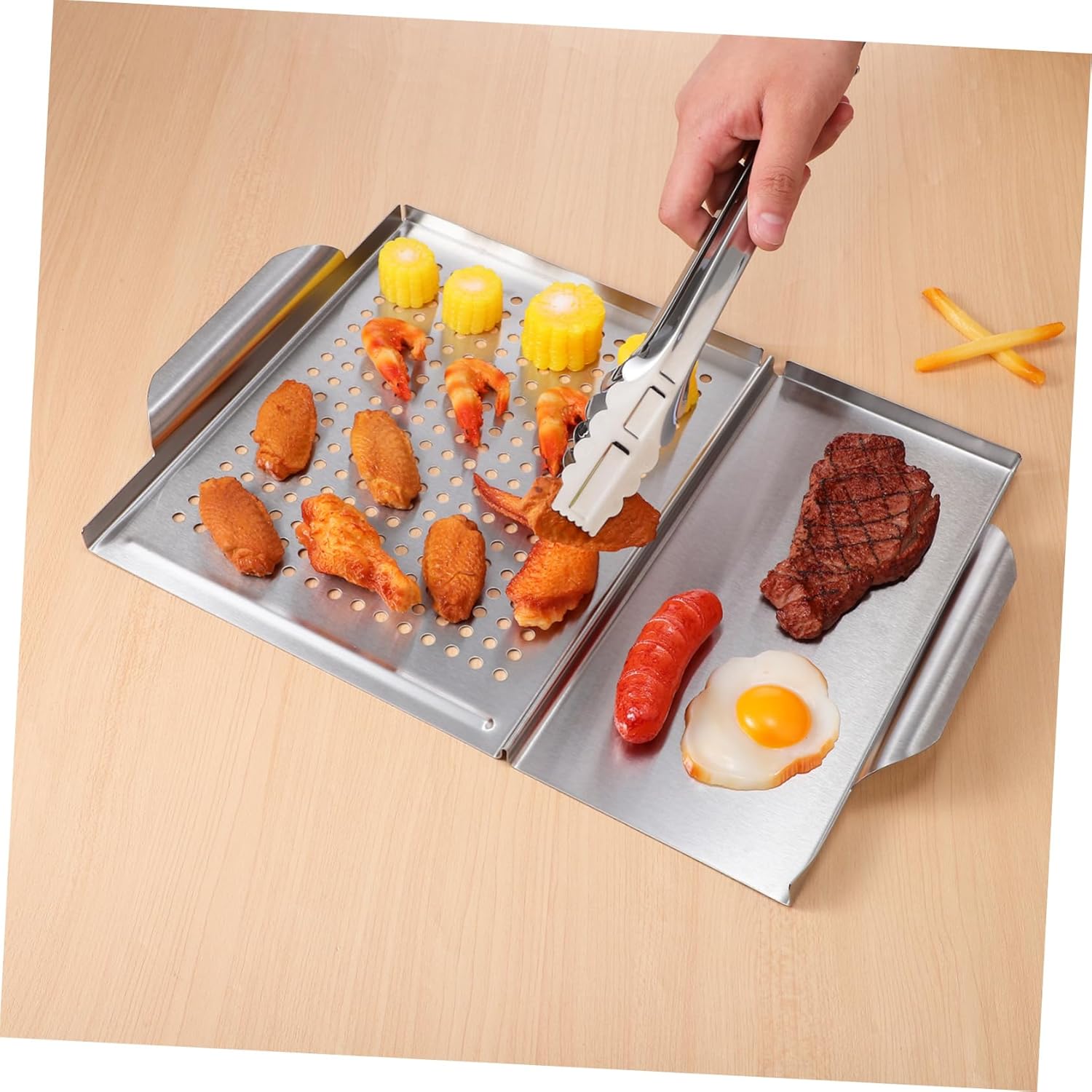 1 Set Stainless Steel BBQ Tray with Food Tongs Square Grill Pan with Handle for Even Cooking for Meat Vegetables Seafood and More Portable Outdoor Grilling Accessories