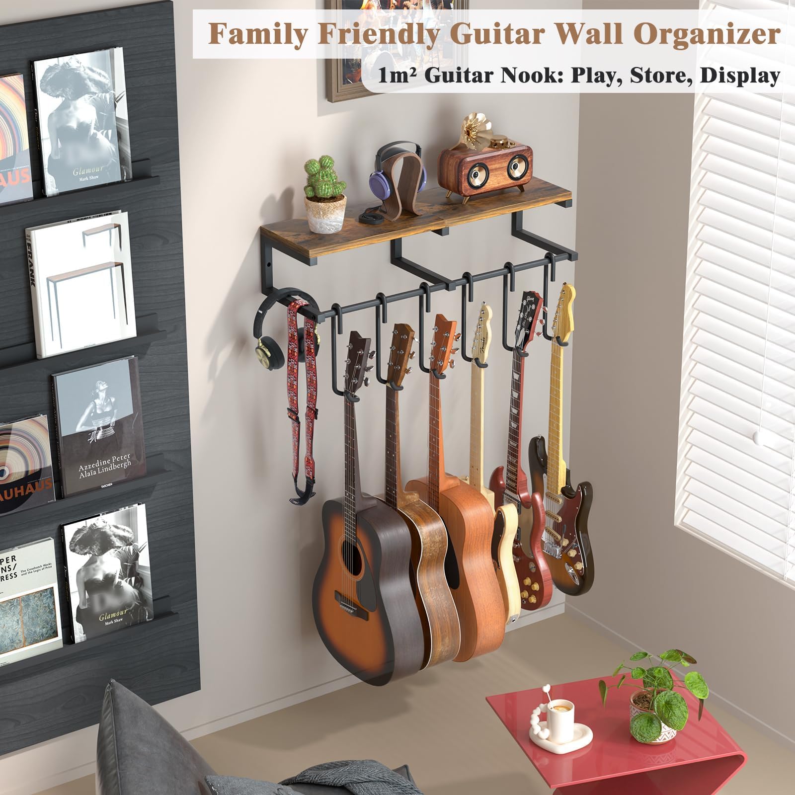 Porta Chitarra da Muro, 6 Supporto Chitarra Muro, Reggi Chitarra con un Grande Scaffale, Appendi Chitarra per Chitarra Acustica, Basso, Chitarra Elettrica, Ukulele Double-Sided