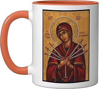 Theotokos Mother Mary Eastern Orthodox Byzantine Art Easter Ceramic Mug, Orange/White