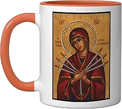 Theotokos Mother Mary Eastern Orthodox Byzantine Art Easter Ceramic Mug, Orange/White