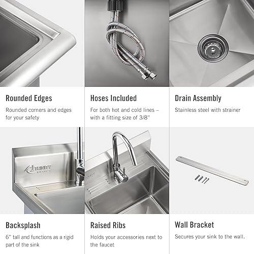 Miniatura 5 de TRINITY THA-0307 Basics - Fregadero de acero inoxidable con grifo y mesa de acero inoxidable Rockpoint para preparación y trabajo con salpicaduras,