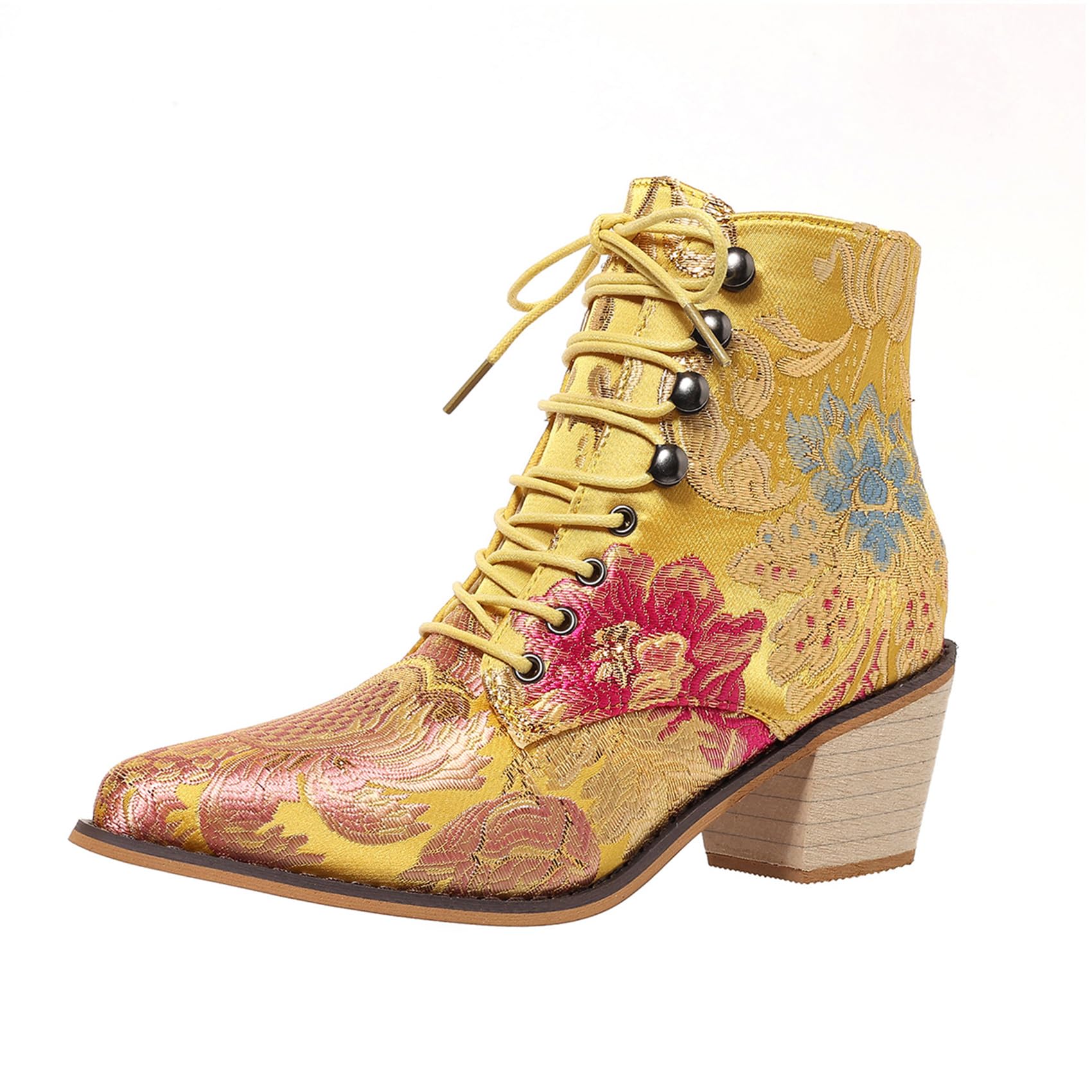 Gets Womens Vintage Floral Embroidered Block Heel Cowboy Boots Heighten Ankle Booties