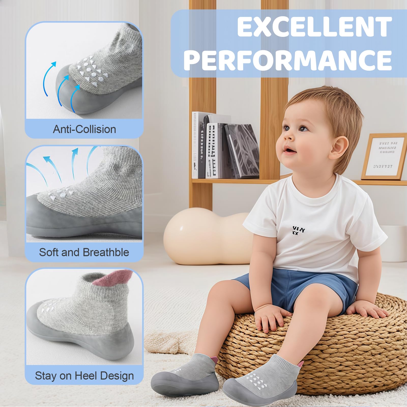 Kabwea 1 paire de chaussons bébés gris, chaussures premiers pas pour tout-petits, chaussons antidérapants, chaussettes antidérapantes enfant, chaussettes bébé antidérapantes