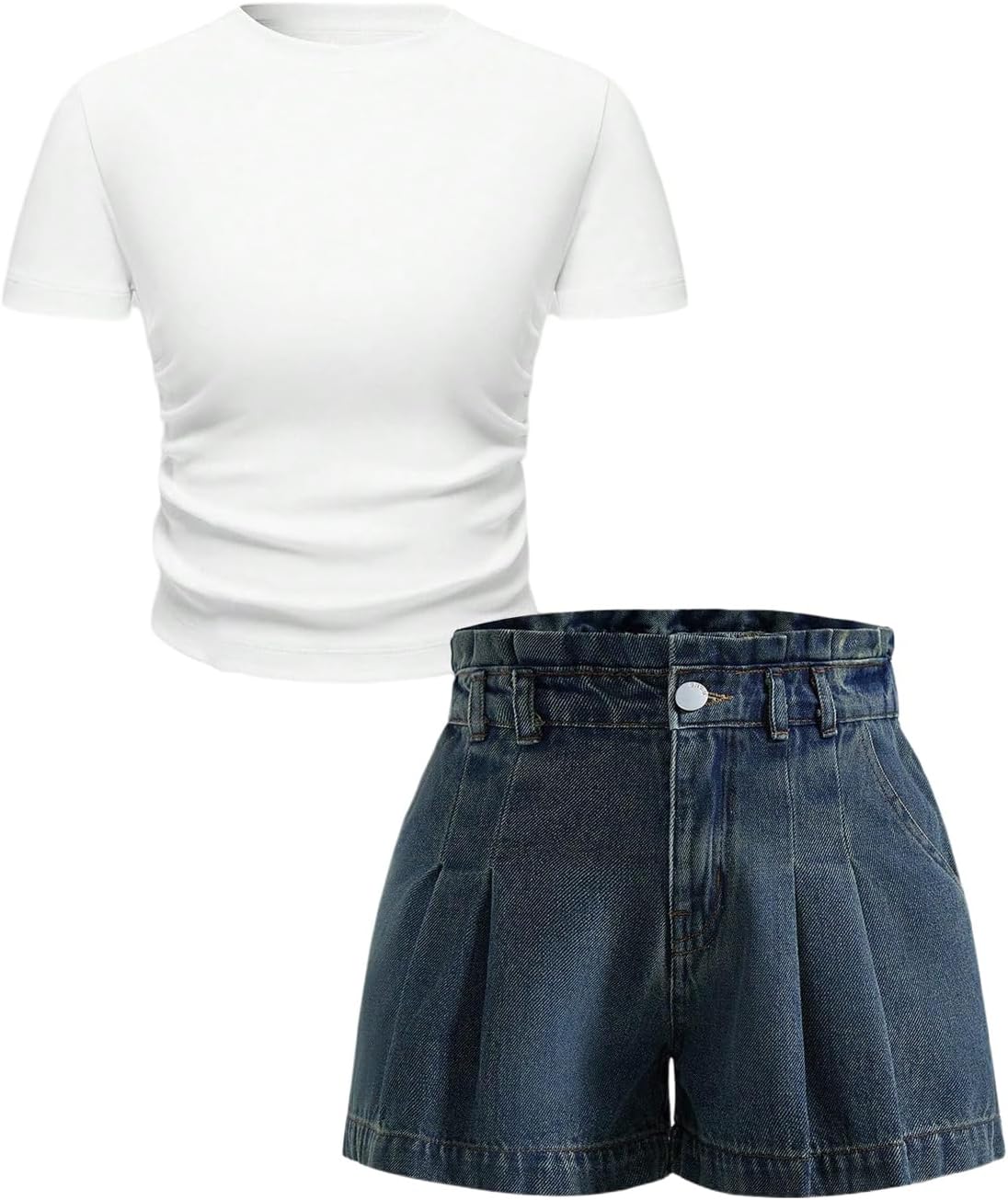 OYOANGLE Girl's Pleated Frill Trim Cute Denim Shorts Zipper Fly Wide Leg Jean Shorts