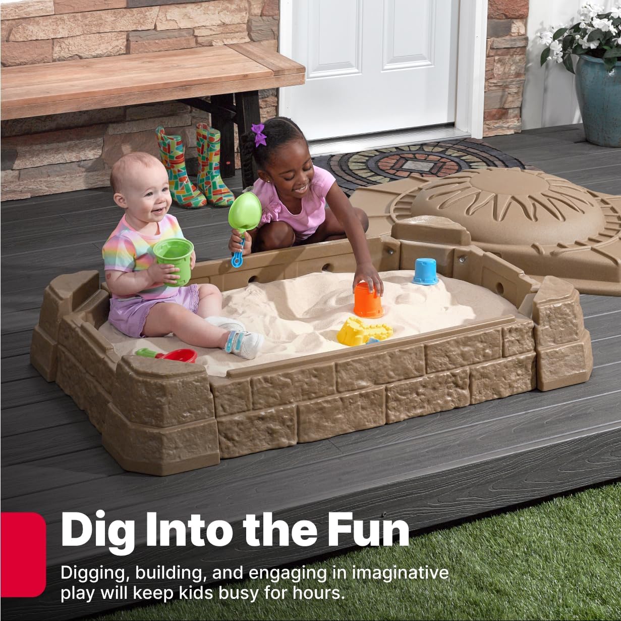 Step2 Naturally Playful Sandbox II, Kids Sand Activity Sensory Play Pit, Summer Outdoor Toys, 7 Piece Water Toy Accessories, for Toddlers 1+ Years Old