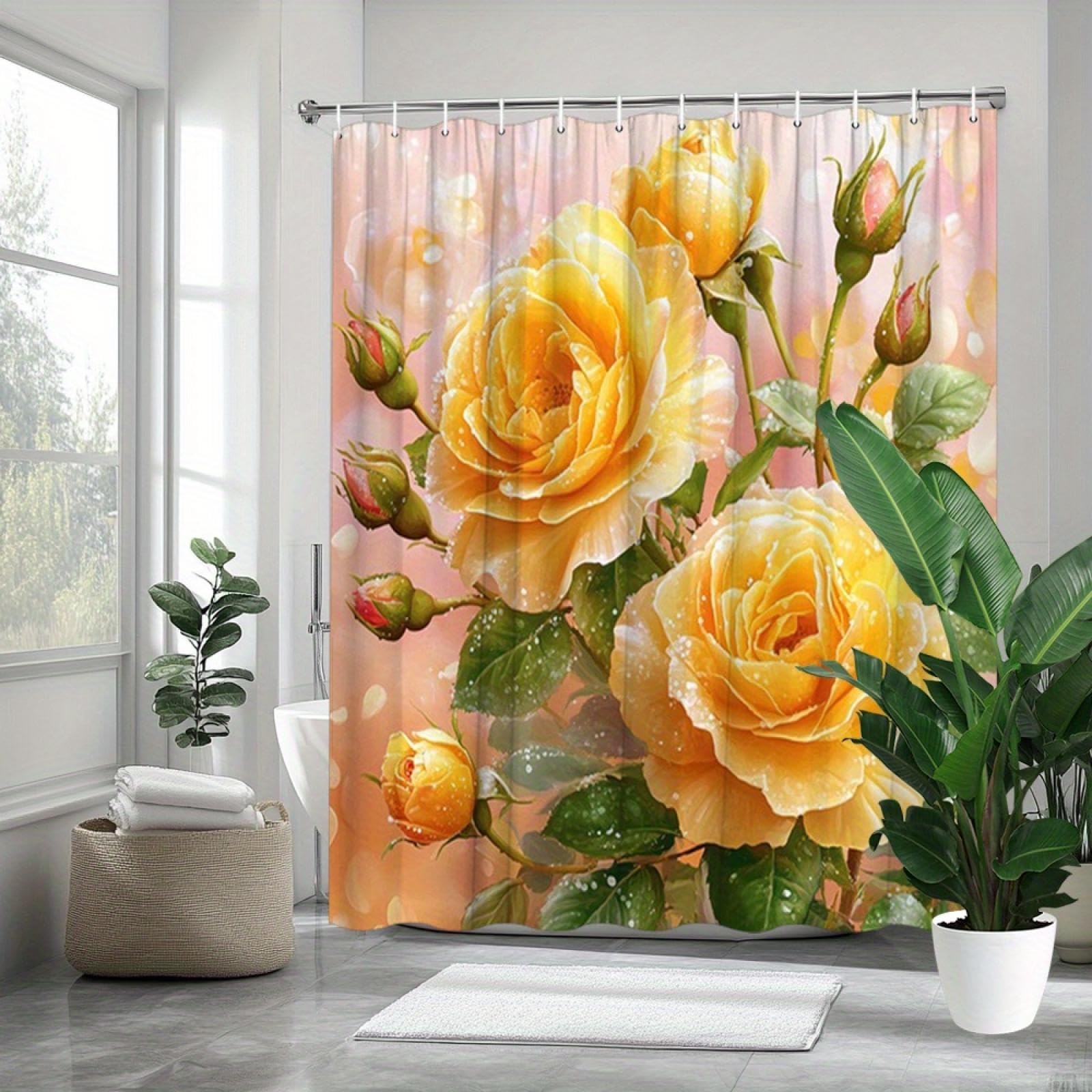 Rideau de douche anti-éclaboussures en polyester lavable motif roses 80x180