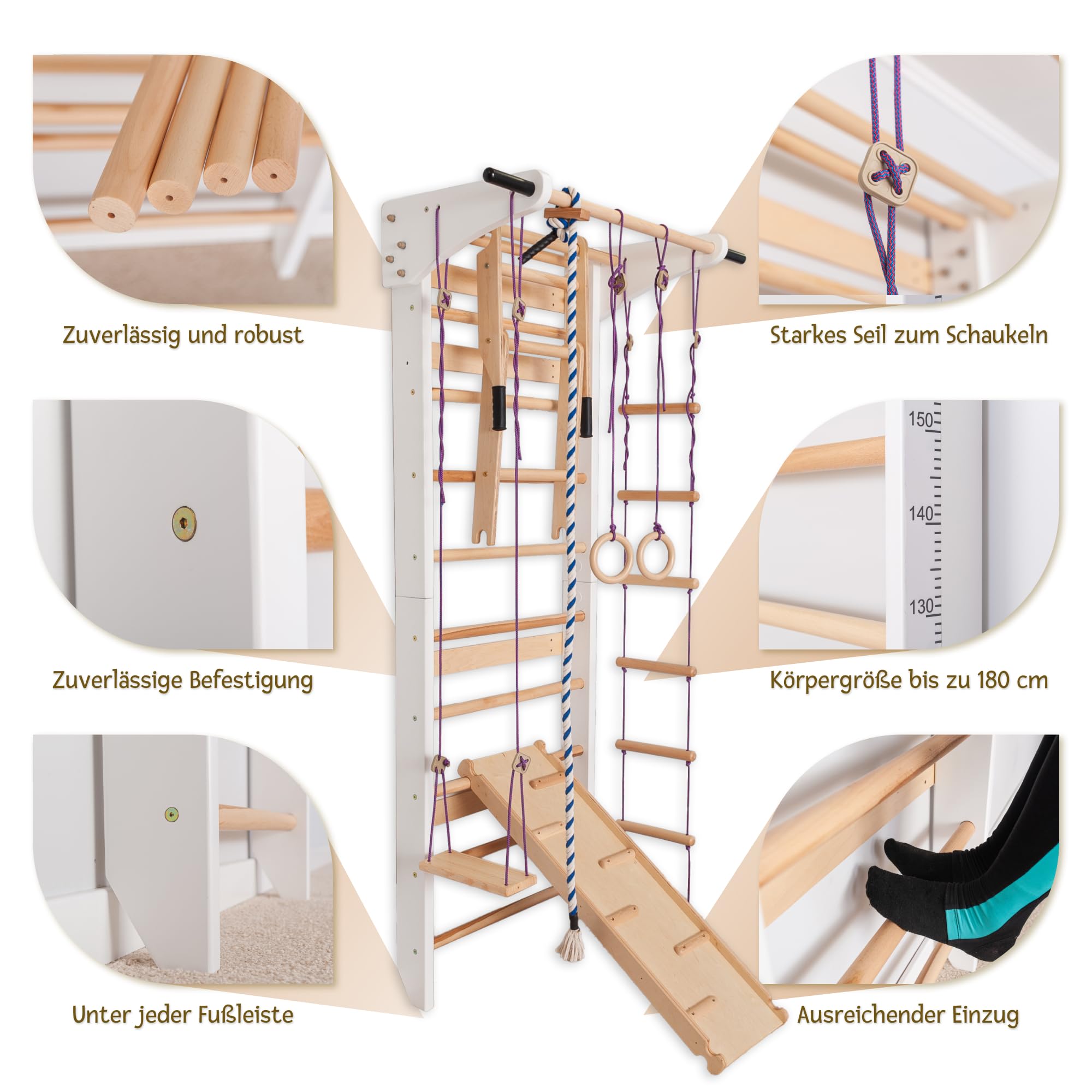 Sprossenwand Holz mit Rutsche & Schaukel - Indoor Klettergerüst für Kinder & Erwachsene - Turnwand mit Kletterbrett & Zubehör - Massiv bis 150kg (Weiß)