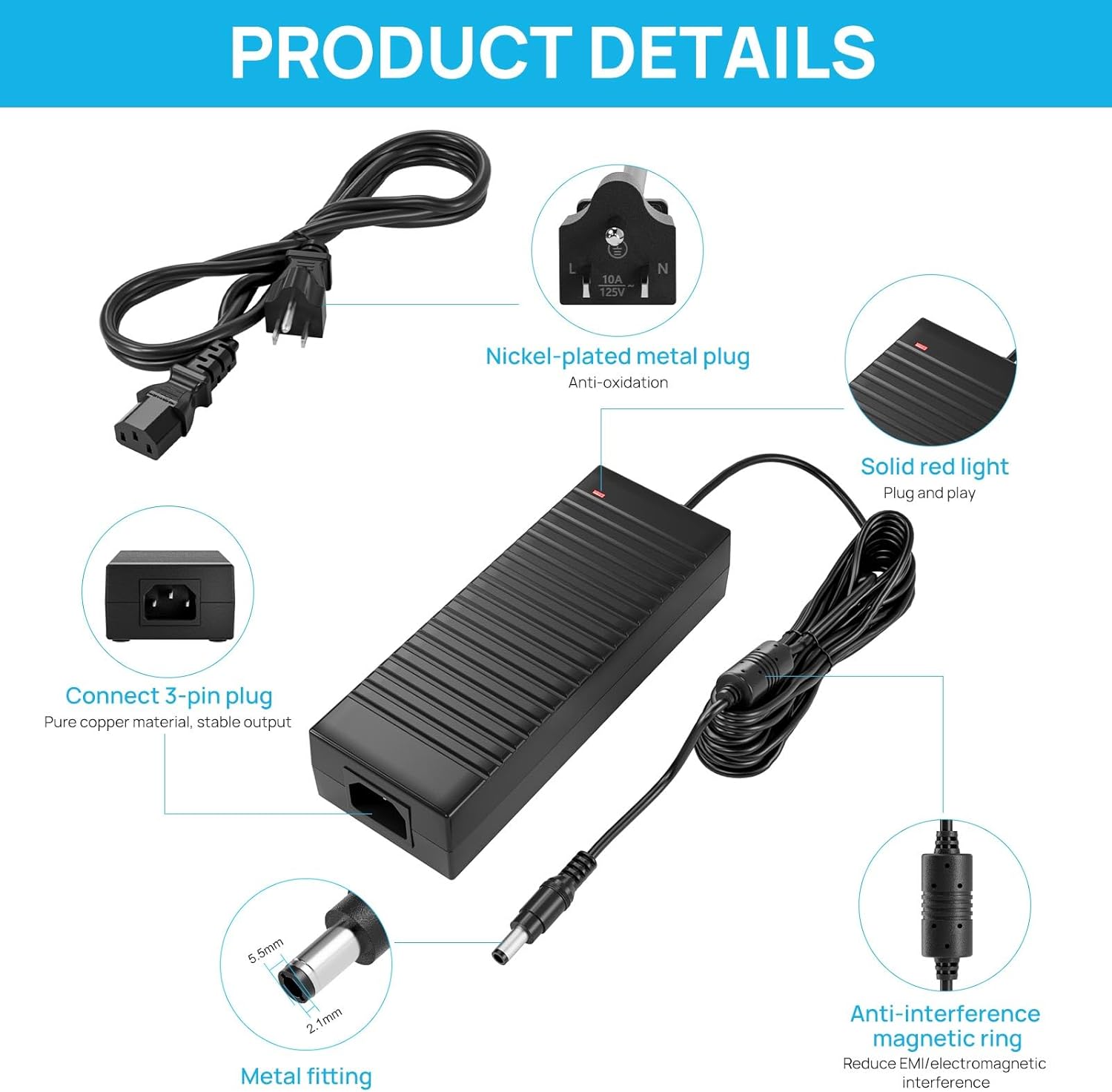 Hiseeu 52V 3A Power Supply Adapter,AC 100V-240V to DC 52V 3A 156W Switching Charger with Power Cord,5.5mm*2.1mm Plug Transformer for PoE NVR/Switch/Injector