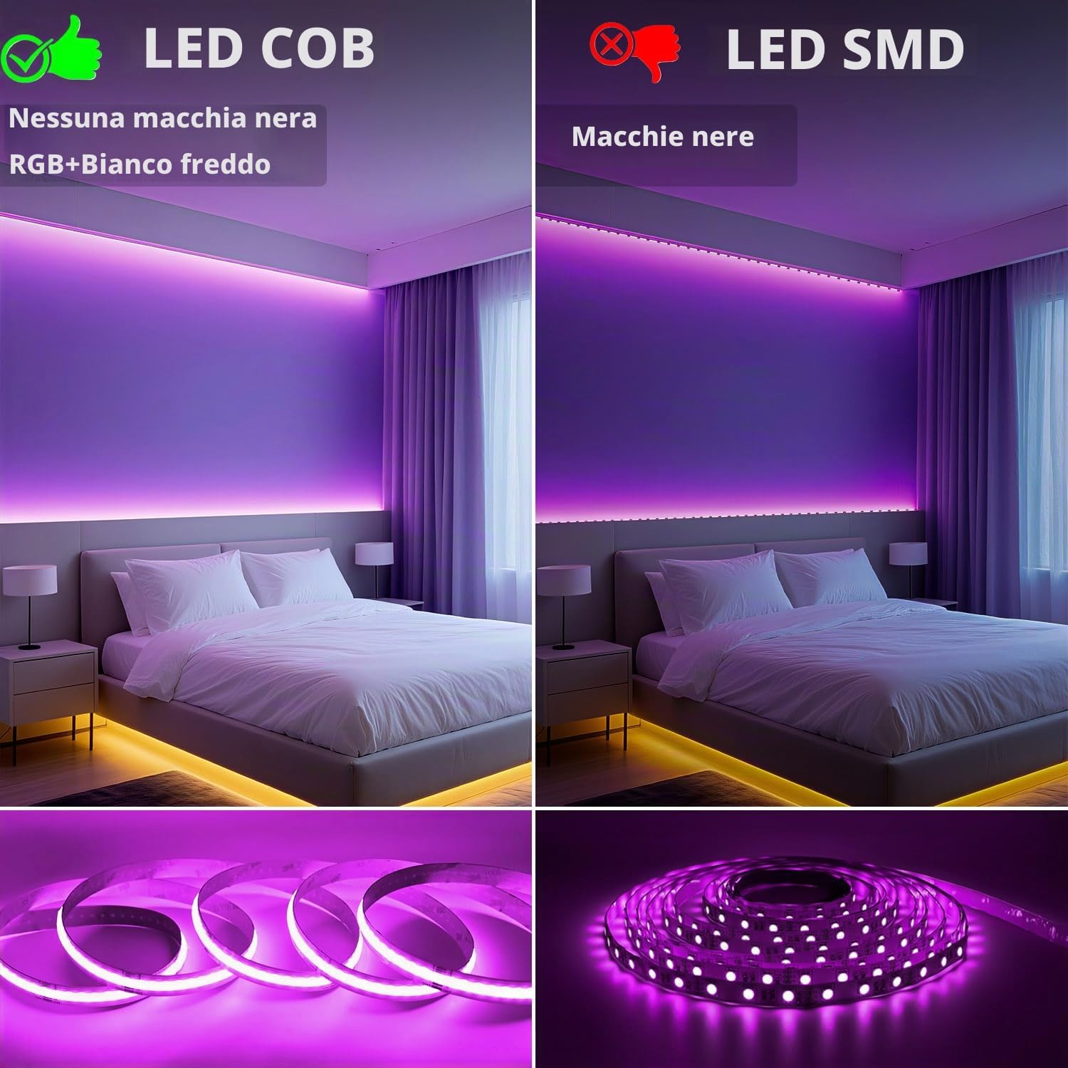 Striscia LED COB 24V 10M RGBW dimmerabile con telecomando e alimentatore Striscia LED COB RGB+bianco caldo 3000K, alta densità 784LED/M, controllabile tramite app, compatibile con Alexa Google Home
