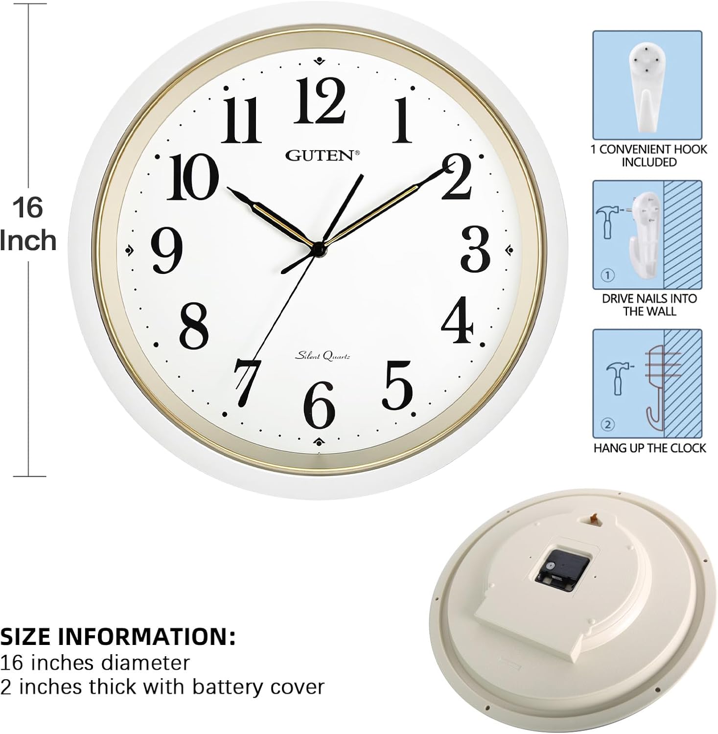 Caysie 16 Inch Large Silent Non Ticking Wall Clock, Modern Quality Quartz Battery Operated Round Clock, Decorative for Office, Home, Living Room, Bedroom, Kitchen, Bathroom, Classroom (White) image 4