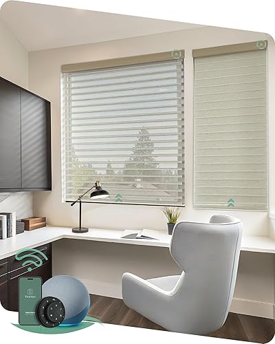 Yoolax Persianas motorizadas con control remoto, cortinas transparentes filtrantes de luz para ventanas interiores, persianas opacas inteligentes
