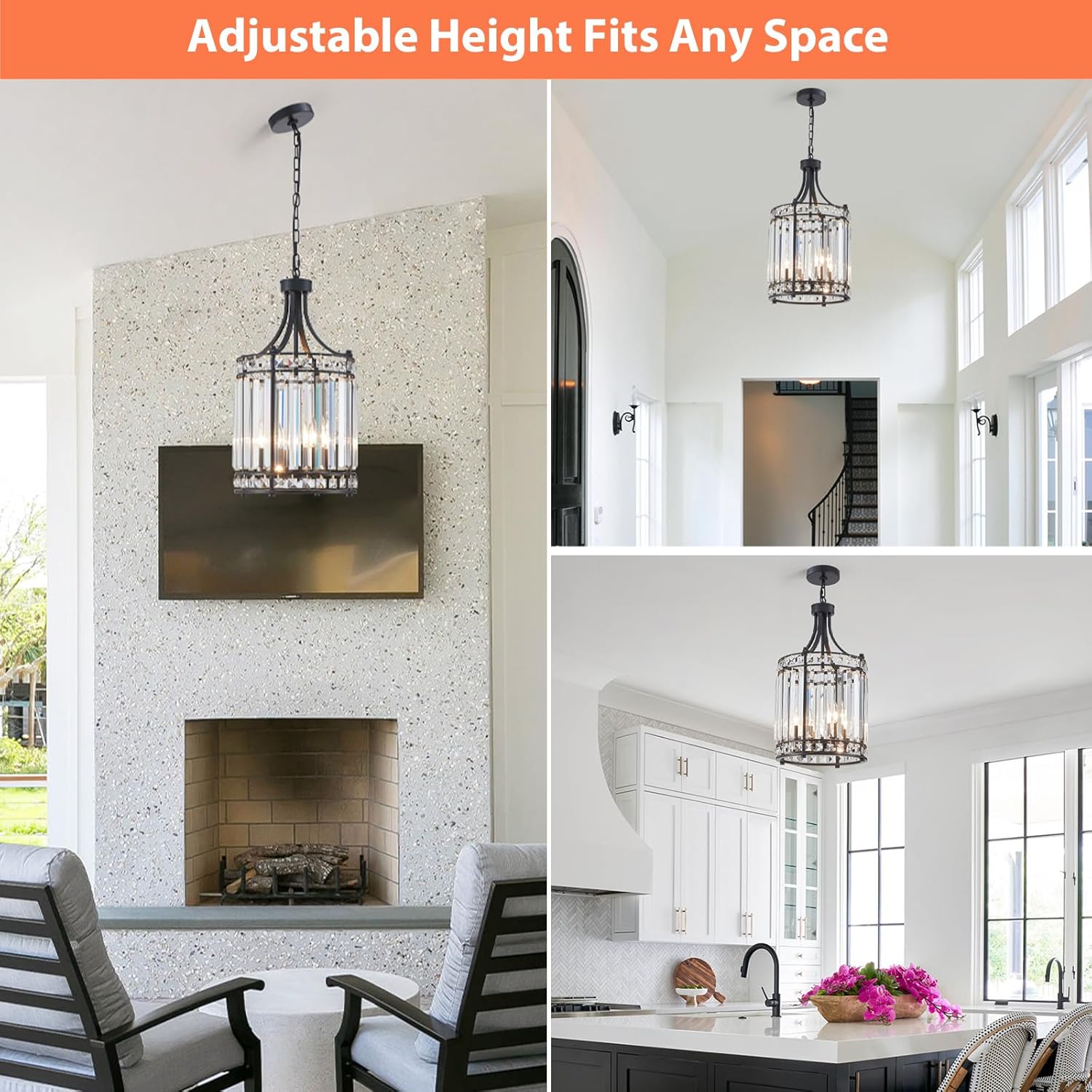 Lantern Crystal Chandeliers for Dining Room, Black 4 Light Farmhouse Geometric Chandelier Cage Adjustable Hanging Pendant Lighting Fixture for Kitchen Island Entryway Living Room
