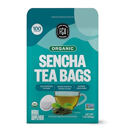 FGO Organic Sencha Green Tea, 100 Count, Eco-Conscious Tea Bags, Resealable Bag, Sourced From Japan, Packaging May Vary (Pack of 1)
