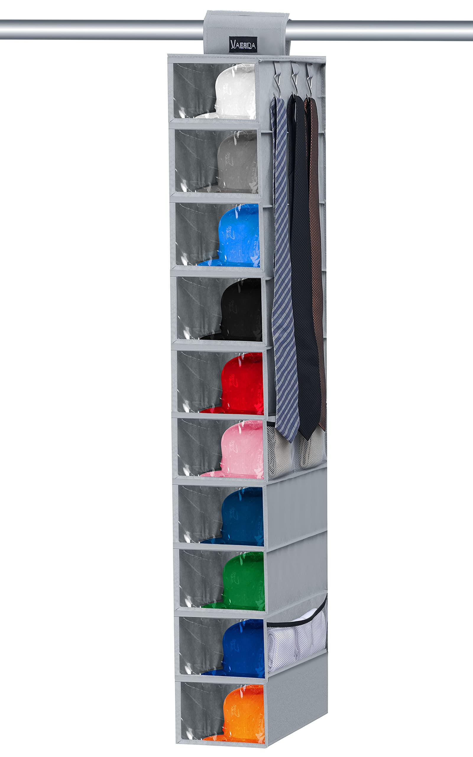 VAESIDAVAESIDA Hat Rack - 10 Shelf Upgraded Version Hat Organizer for Closet with Dust Shield & Side Mesh Storage Pockets - Hat Holder & Hat Racks for Baseball Caps