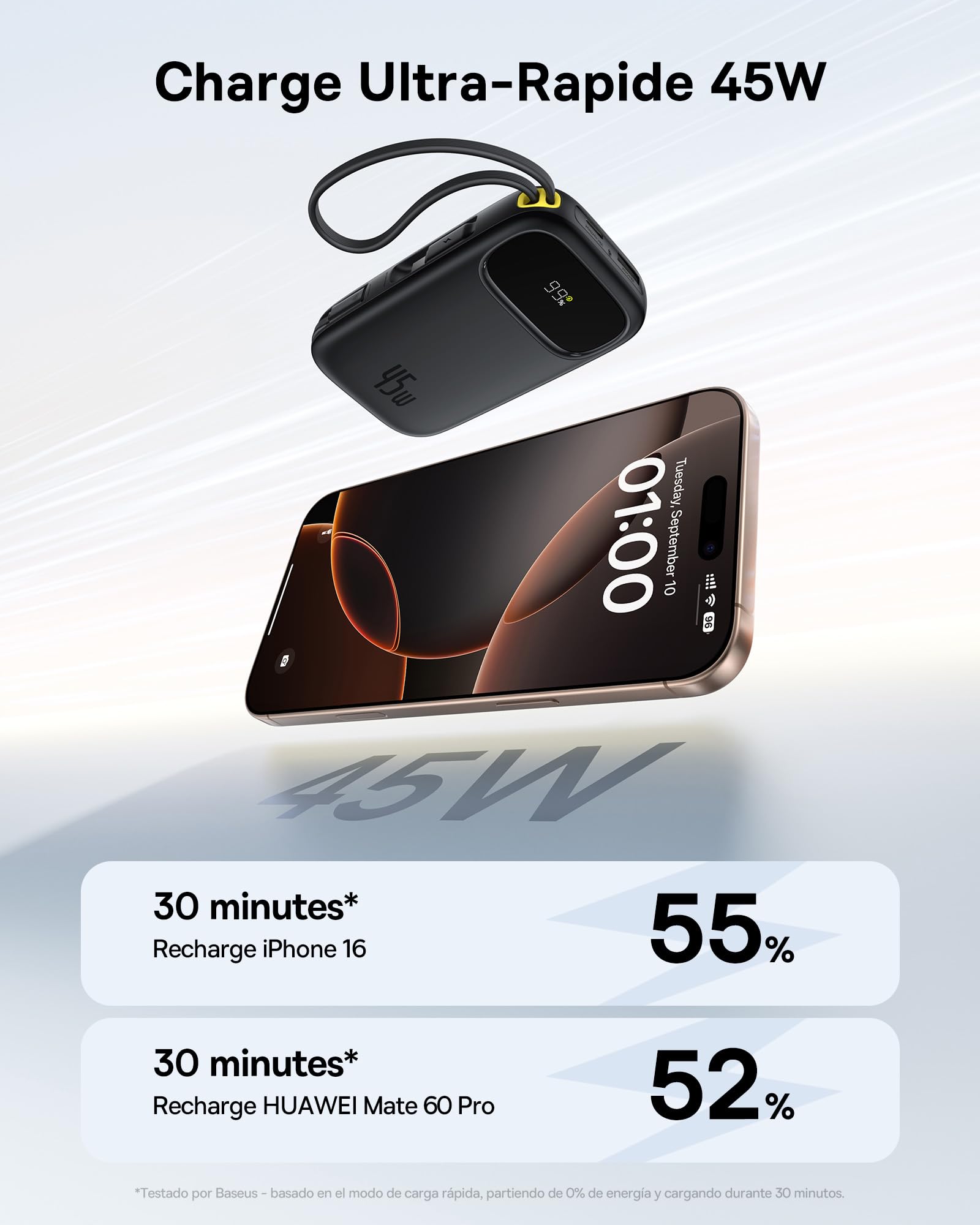 Baseus Powerbank 20000mAh 45W avec 2 Câbles USB-C Intégrés, Power Bank PD3,0 QC4,0 Batteries Externes Charge Rapide, 3C et 1 A, Chargeur Portable pour iPhone 17/16/15 Pro Max, iPad, Samsung, Noir