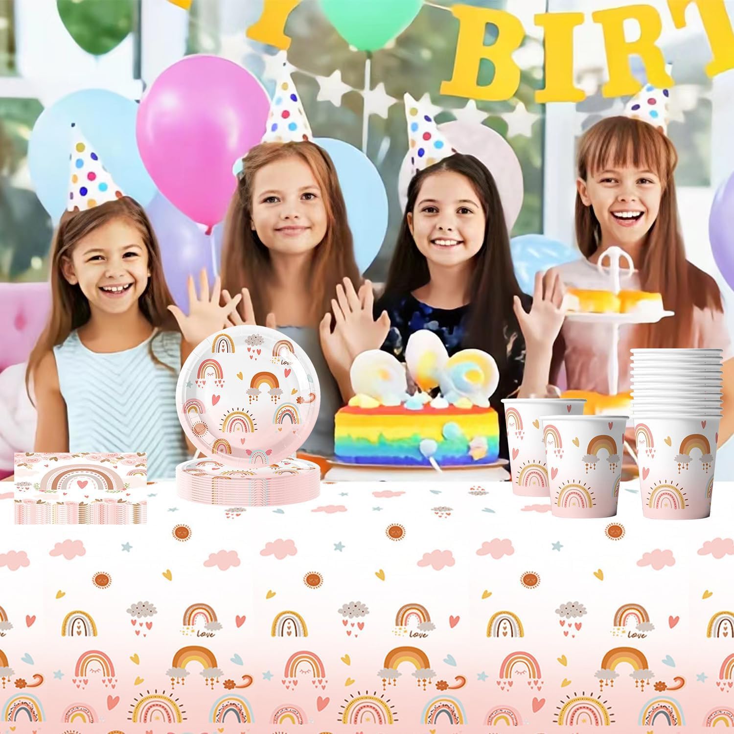 Kit De Vaisselle Jetable Arc-en-ciel - 80 Pièces Pour Fêtes (Assiettes, Tasses, Serviettes) - Idéal Anniversaire Fille, Baby Shower