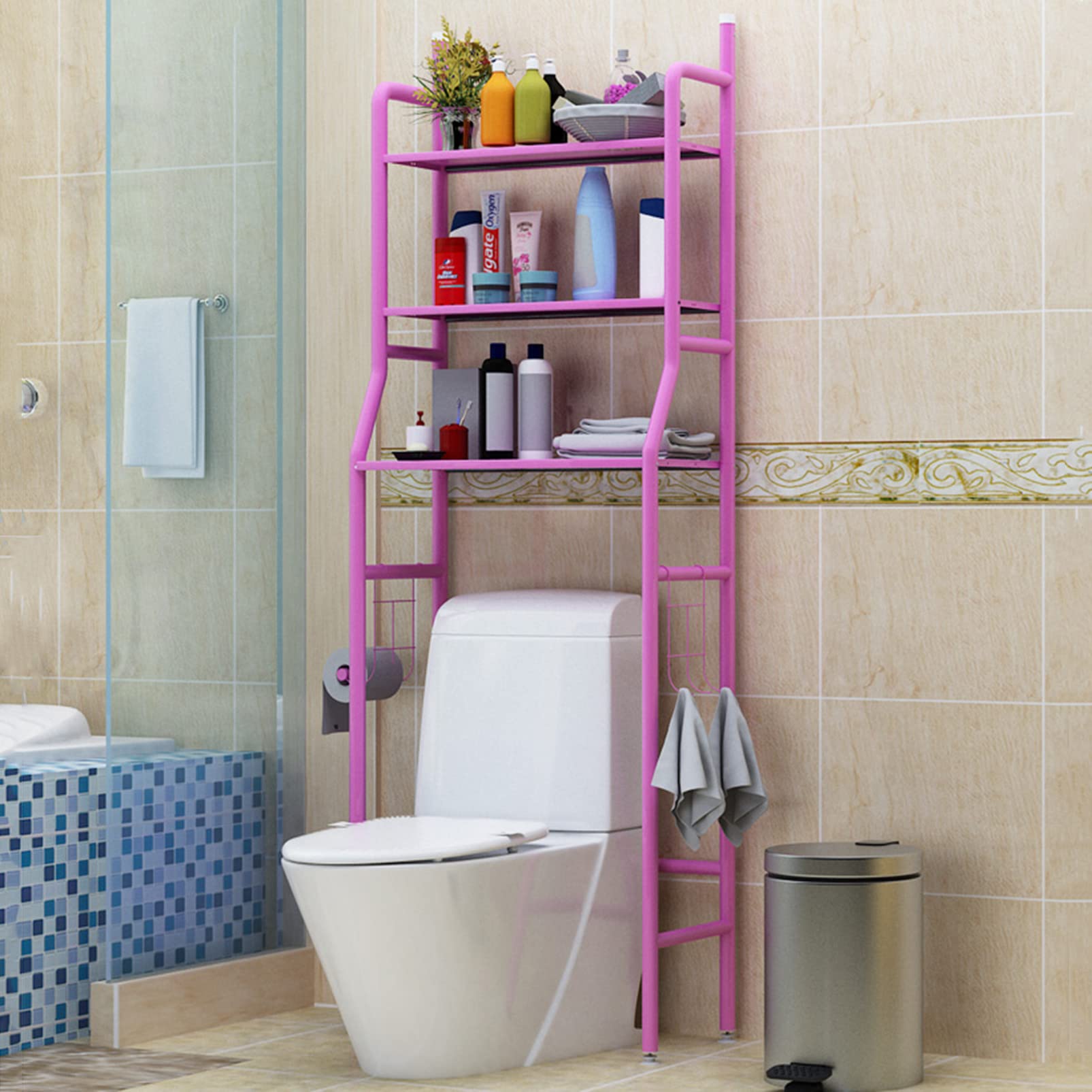 Scaffale salvaspazio sopra il WC a 3 livelli, mensole da bagno sopra il WC con gancio per asciugamani e porta carta igienica, supporto angolare autoportante per bagno, bagno, lavanderia, balcone