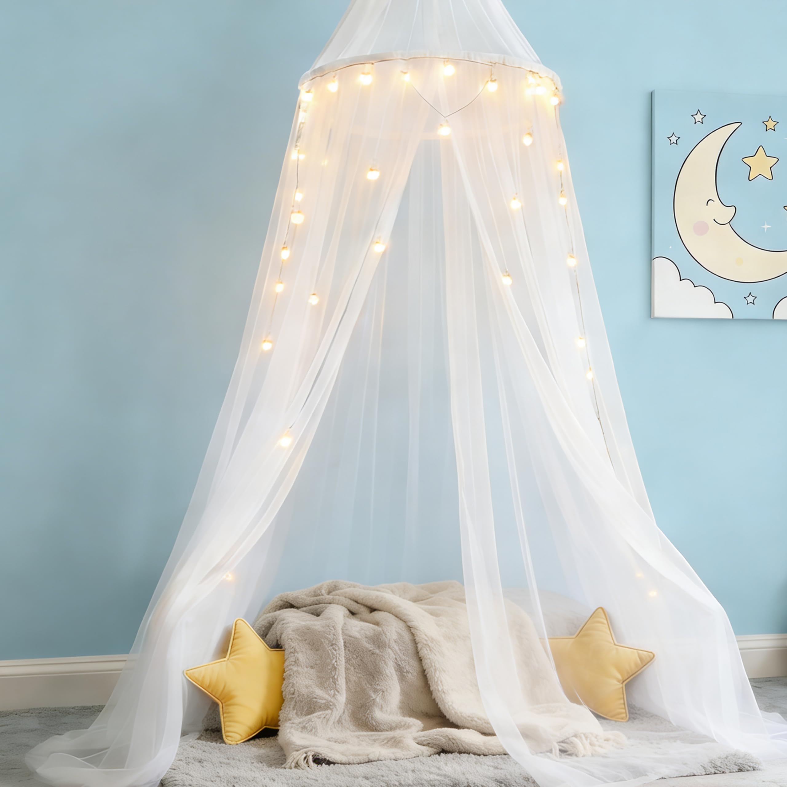 Wnqou Rainbow Bed Canopy for Girls,X-Large Princess Canopy Hanging Netting Bedroom Decor for Girls Mosquito Net for Baby Crib Twin to King Size Bed (White+Lights) - Image 4