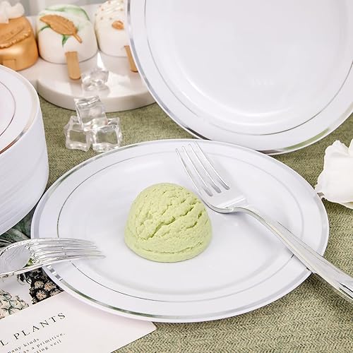 Miniatura 4 de Nervure 140 platos de plástico dorado festoneado y cubiertos de plástico dorado con mango blanco 40 platos, 20 tazas, 20 tenedores, 20 cuchillos, 20