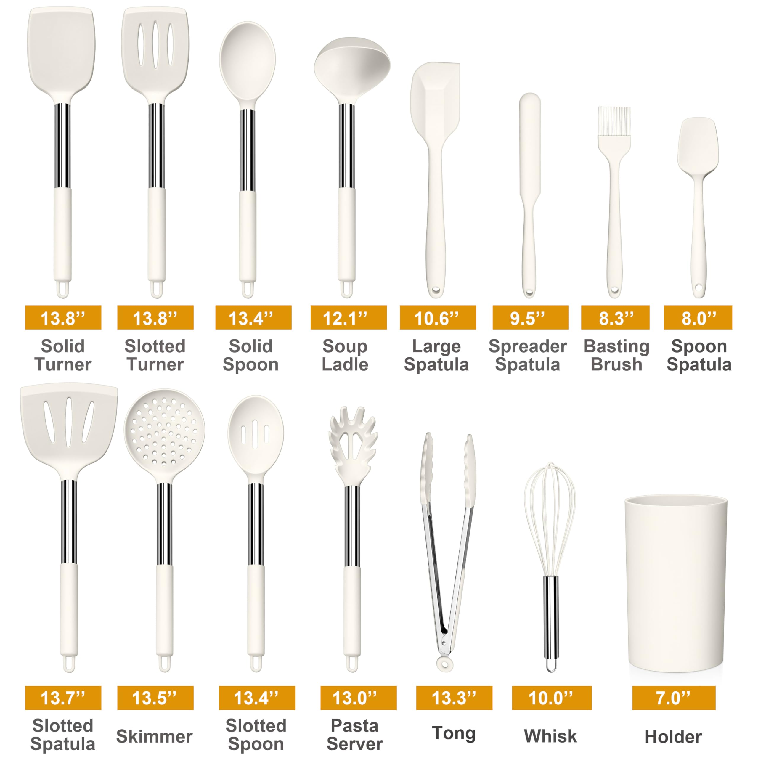 LIANYU 15 Pcs Cooking Kitchen Utensils Set with Holder, Silicone Kitchen Gadgets with Stainless Steel Handle, Heat Resistant Spatula Tools, Brush Spoon Tong Whisk Ladle Turner for Cookware, White