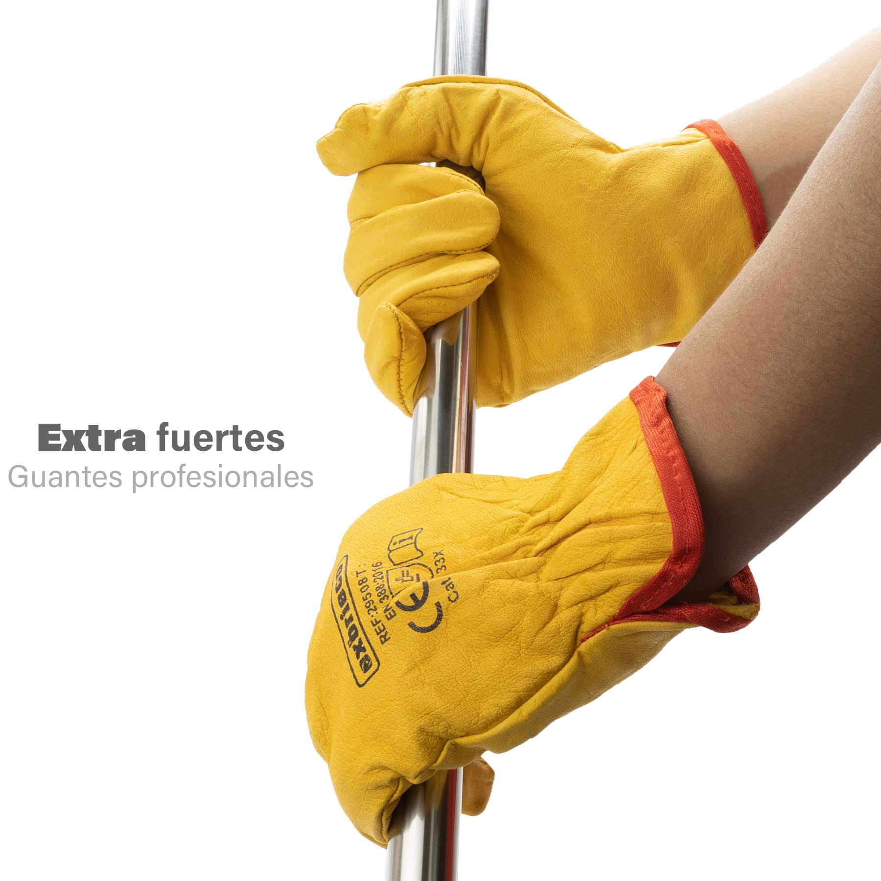 Guantes de Trabajo de Piel Flor de Vacuno Amarillos, Guantes de Protección para Jardinería, Soldadura, Construcción, Guantes de Cuero Antidesgarros, Abrasión, Guantes de Protección CAT 2