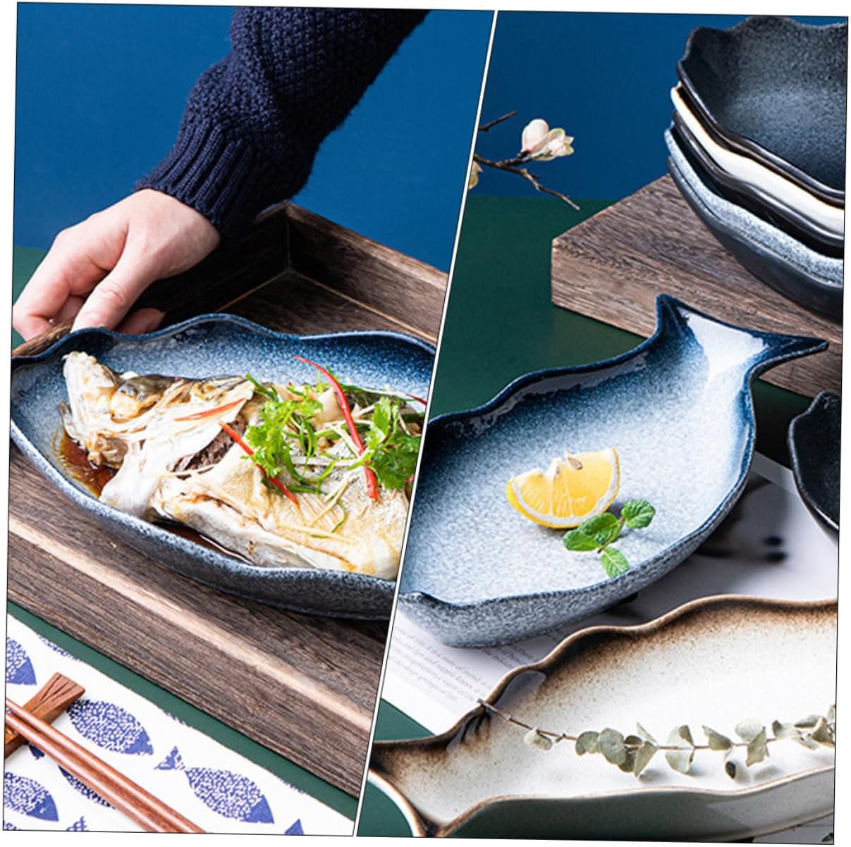 Amosfun Ceramic Steaming Plate in Fish Shape Innovative Fish Steamer for Serving for Home and Restaurant