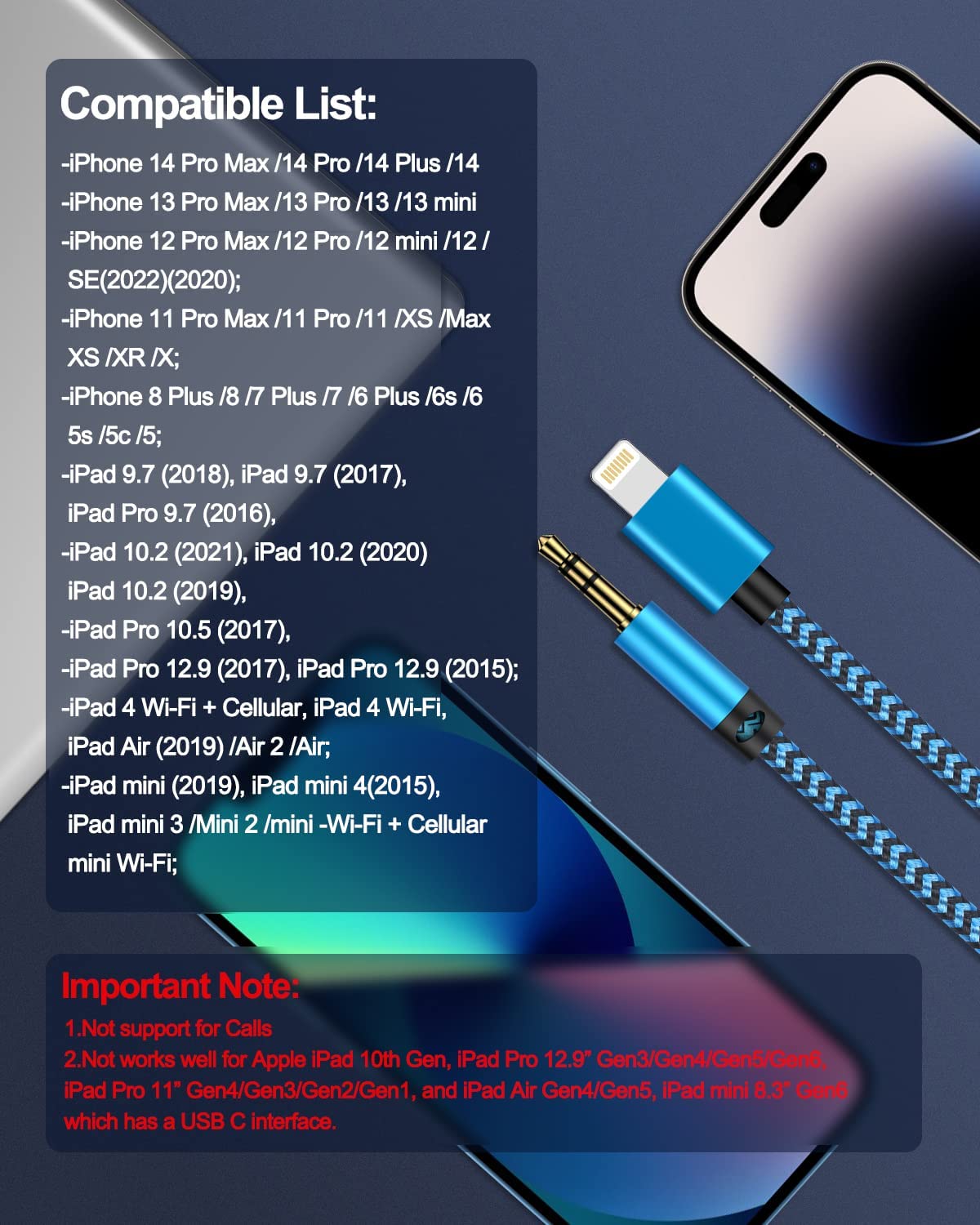Confezione da 3 cavi AUX a lightning da 91 cm, cavo ausiliario intrecciato per iPhone, autoradio, altoparlante, cuffie, illuminazione certificata Apple MFI su connettore da 3,5 mm, cavo audio per