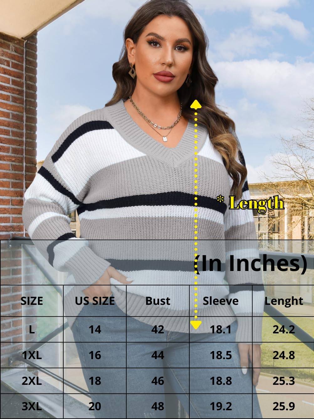 Womens Plus Size Striped Sweater, V Neck Color Block Ribbed Knit Long Sleeve Pullover Top, Fall Winter Casual Outfits - Image 5
