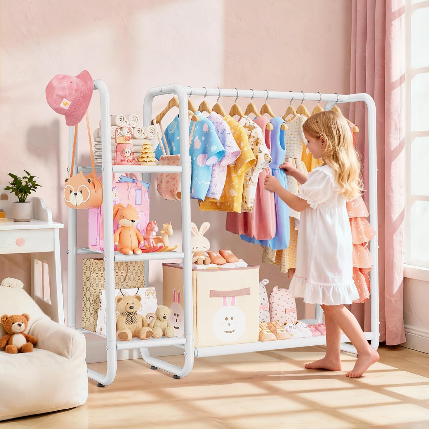 Kids Dress Up Storage with 4 Storage Shelf, More Storage Space Kids Clothing Rack for Costume Organizer Playroom Kids Girls Bedroom Nursery Organizer (Classic, White)