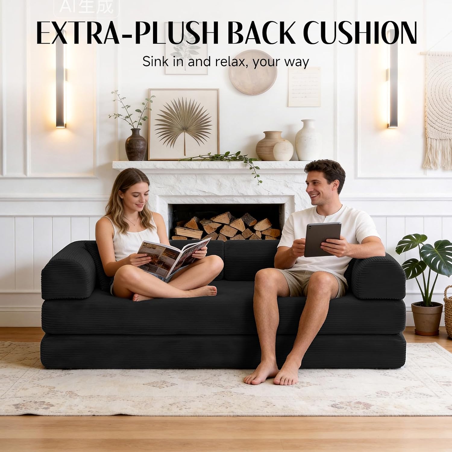 79" Corduroy Sofa Bed, 4-in-1 Convertible Sleeper Futon Loveseat, Boneless Couch in a Box, High-Density Foam Foldable Floor Couch for Apartment/Small Spaces, No Assembly, Black