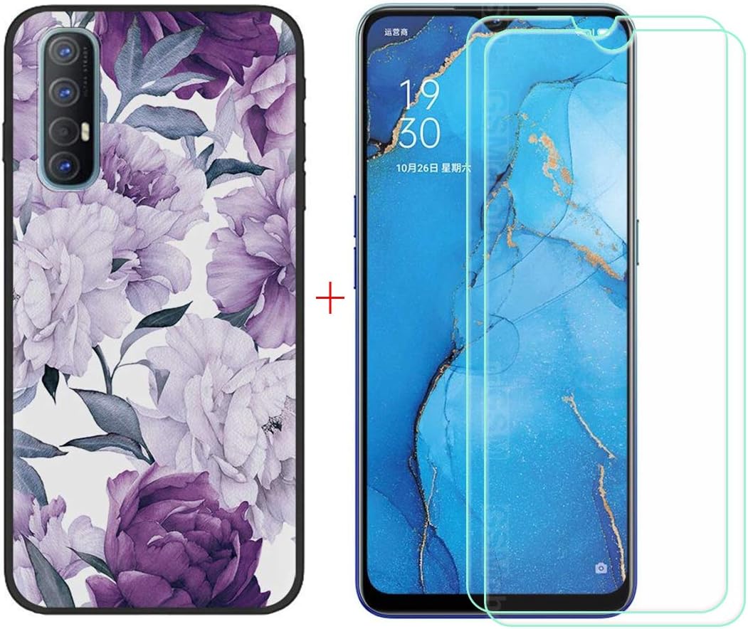 FZZ Black Case + 2 Tempered Glass for Oppo Reno 3 Pro, Screen Protector Protective Film and Gel Flexible TPU Soft Cover Silicone Shell for Oppo Reno 3 Pro (6,5") - LLM28